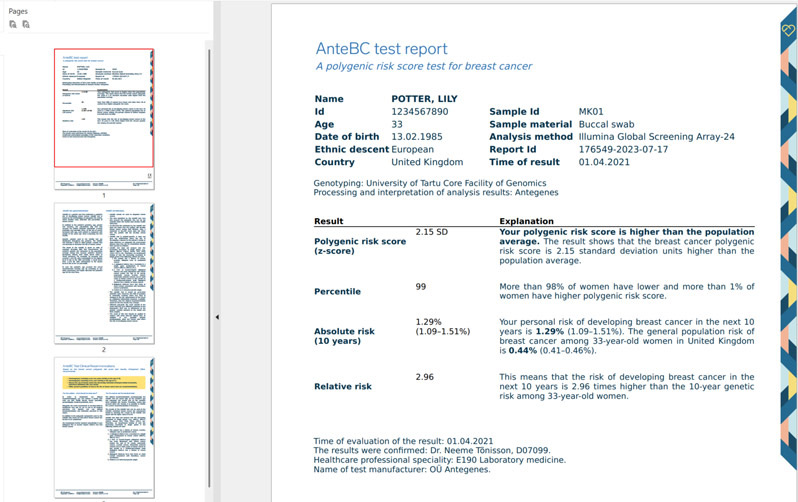Breast Cancer Risk Risk Scoring Example Report